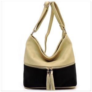 Tassel Crossbody Bucket Satchel Black Beige